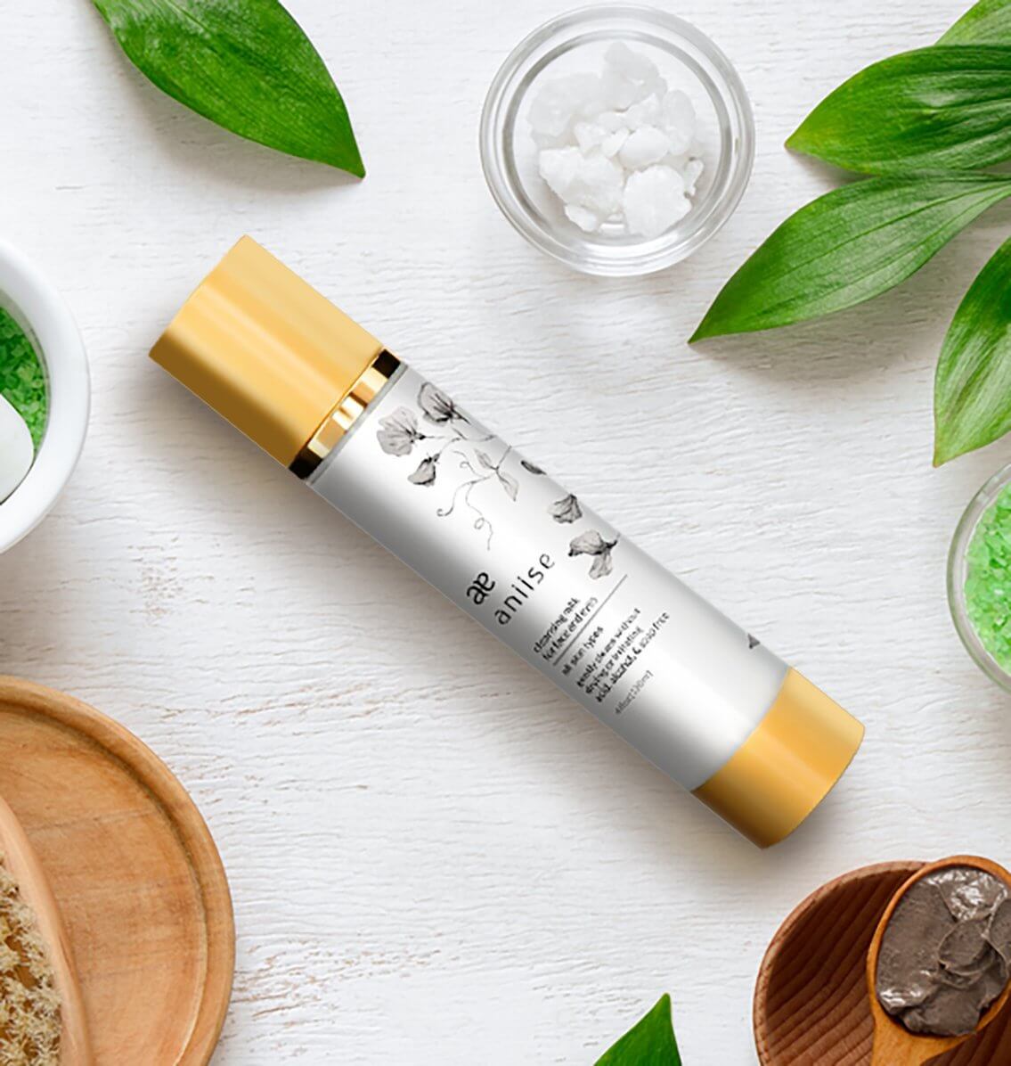 Natural cleansing milk for face and eyes with botanicals, paraben-free and gentle for all skin types.